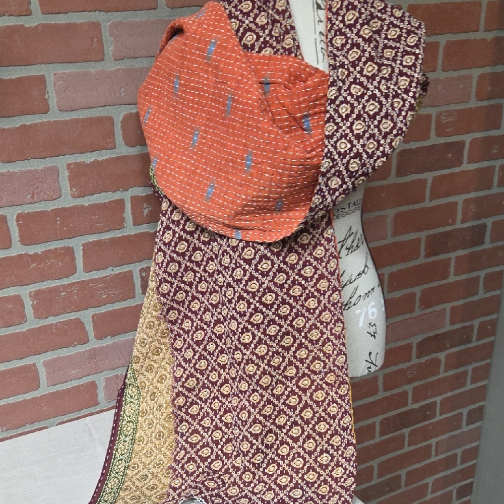 Elegant Orange/Cranberry w/Tan Patterned Kantha Scarf #73
